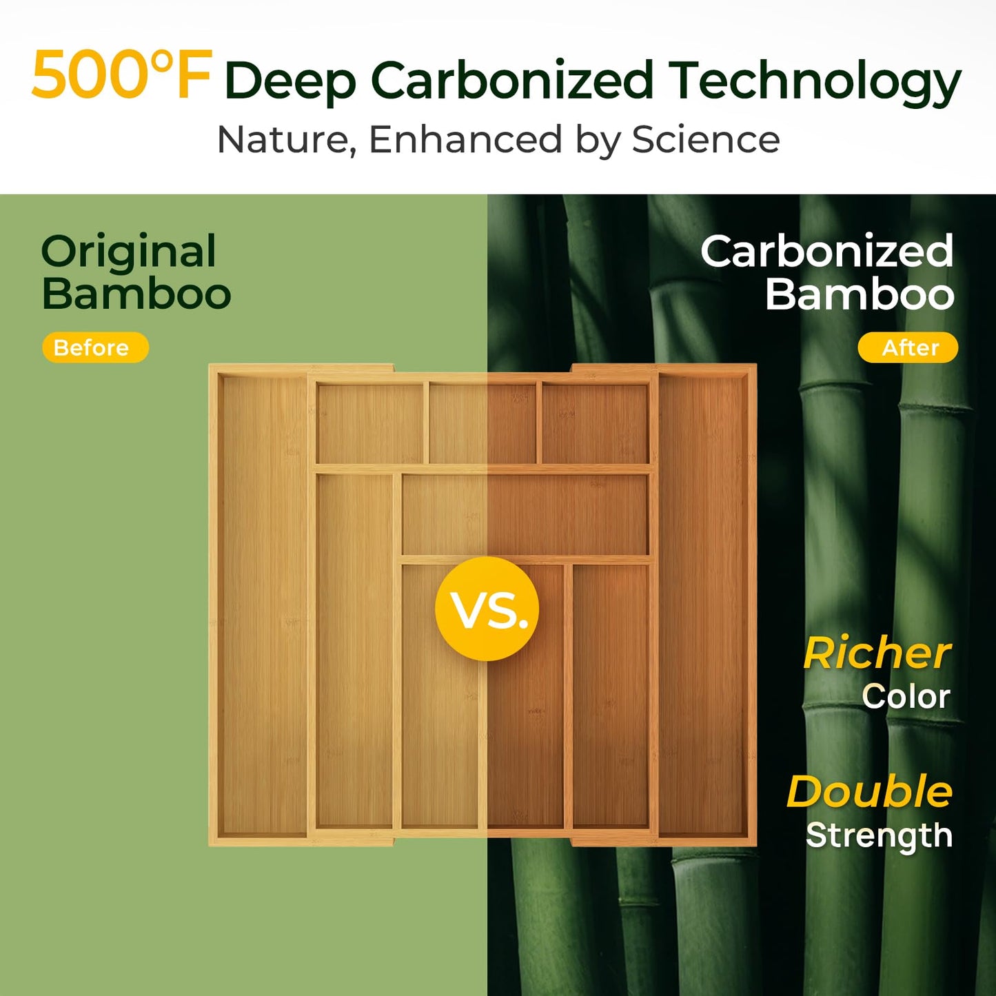 keechee Carbonized Bamboo Kitchen Drawer Organizer, 10 Slots Expandable Silverware Organizer, Utensil Holder & Cutlery Tray, 2.2" Deep for Extra Capacity, Non-Slip Feet Included