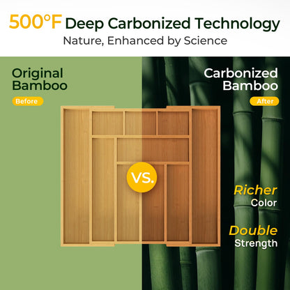 keechee Carbonized Bamboo Kitchen Drawer Organizer, 10 Slots Expandable Silverware Organizer, Utensil Holder & Cutlery Tray, 2.2" Deep for Extra Capacity, Non-Slip Feet Included