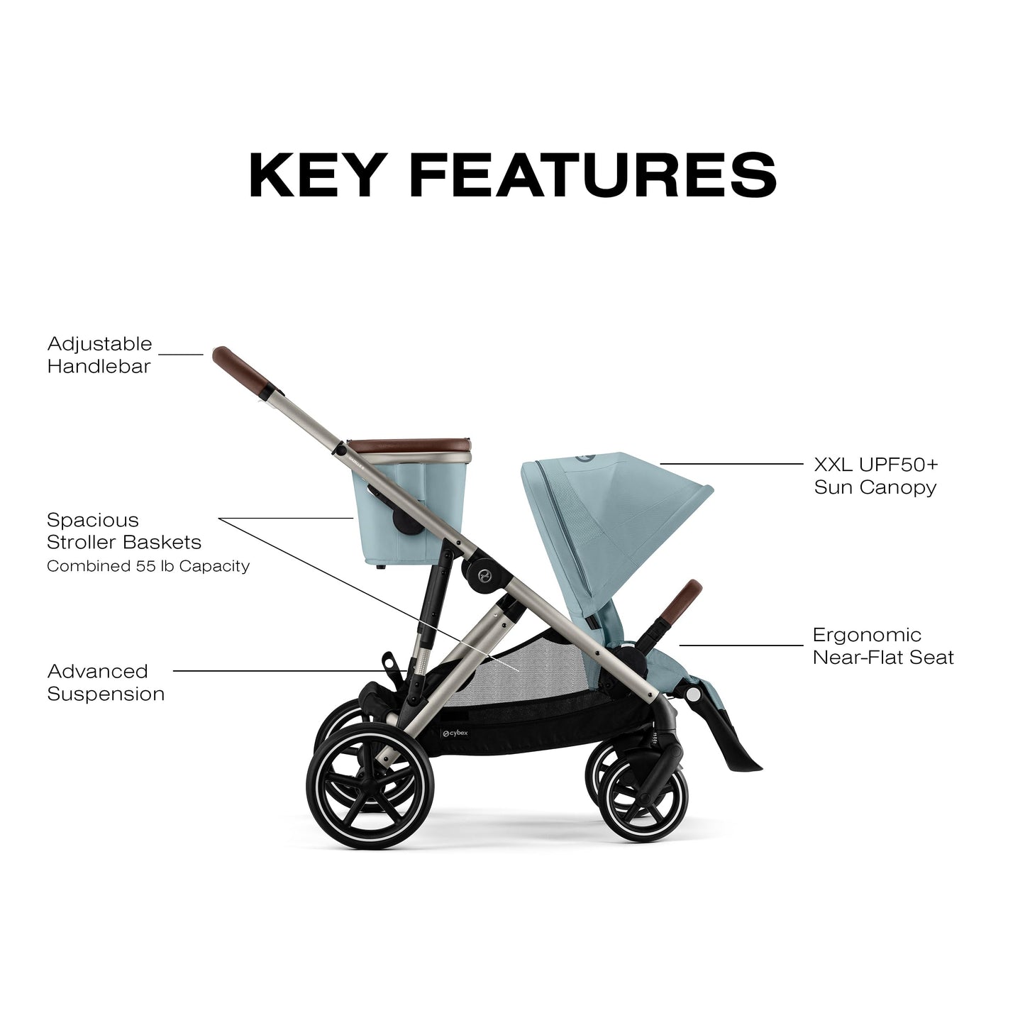 Cybex Gazelle S Stroller Modular Double for Infant and Toddler Includes Detachable Shopping Basket Over 20+ Configurations Folds Flat Easy Storage, Sky Blue, 1.0 Count, 5.0 liters, 28.4 pounds