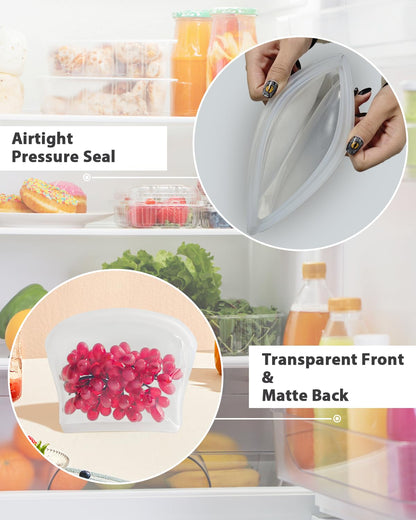 DGitaor Reusable Silicone Storage Bag, 8Pack Pocket, Snack, and Sandwich Bag, Endurables Seal-Top Silicone Bags for Food Storage, Freezer, Microwave, Oven, Dishwasher Safe (Clear & Peach)