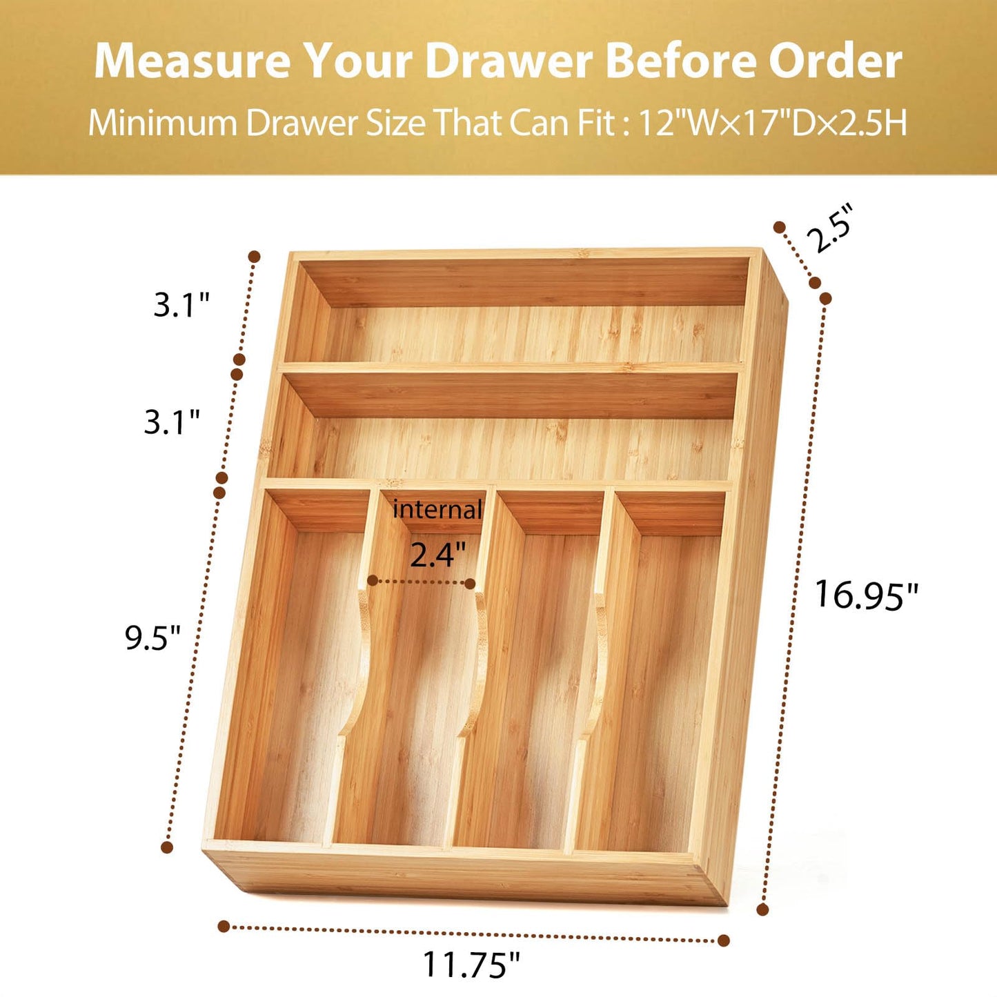 Umilife Bamboo Kitchen Drawer Organizer, 13 Inch Silverware Utensil Tray Holder, Extra Deep Grooved Drawer Divider, 7 Slots Total Bamboo Wood Caddy for Flatware Cutlery Knives, Forks, Spoons