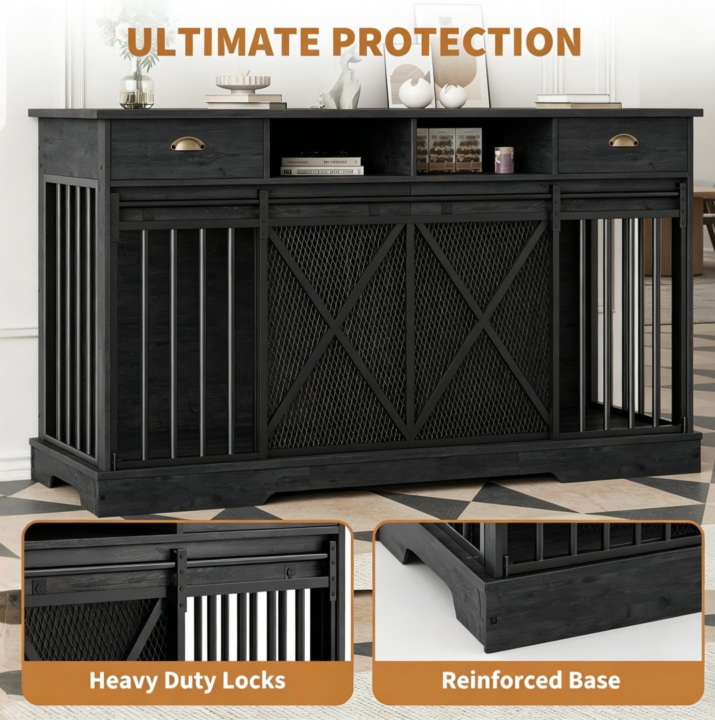 63" Large Dog Crate Furniture, Heavy Duty Indoor Dog Kennel with Removable Divider, Sliding Doors, 2 Drawers and Open Shelves, Decorative TV Stand for Living Room, Black