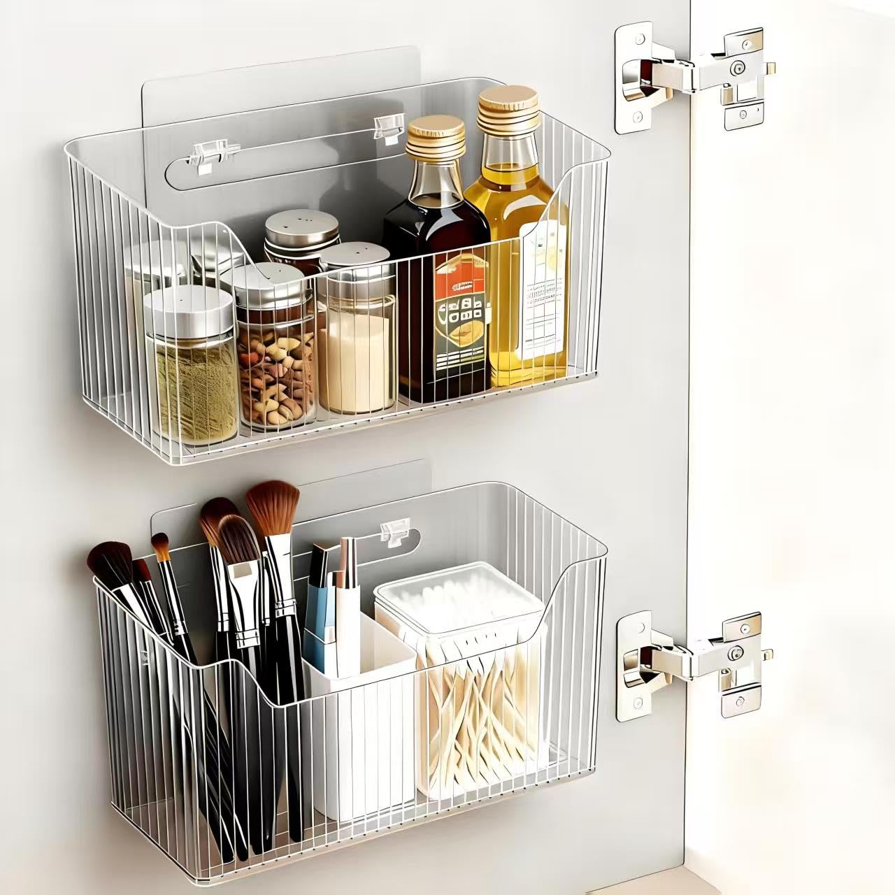 SXSWNSDLX 2 Pack Cabinet Door Organizer, Clear Storage Caddy, Adhesive Wall Mounted Organizer Bins, with Self Adhesive Tape, for Bathroom, Kitchen, Cabinet, Living Room