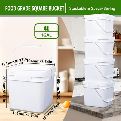 UMETASS Bucket with Lid - 4 Packs Square White Plastic Storage Containers, Food Safe with Handle, Airtight Pressure Lids for Kitchen & Home (White, 1 gal)