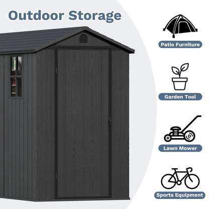 Devoko 4×8 FT Resin Storage Shed with Floor, Garden Plastic Outdoor Shed with Window and Lockable Door, Waterproof Outside Tool shed for Backyard Patio, Dark Grey