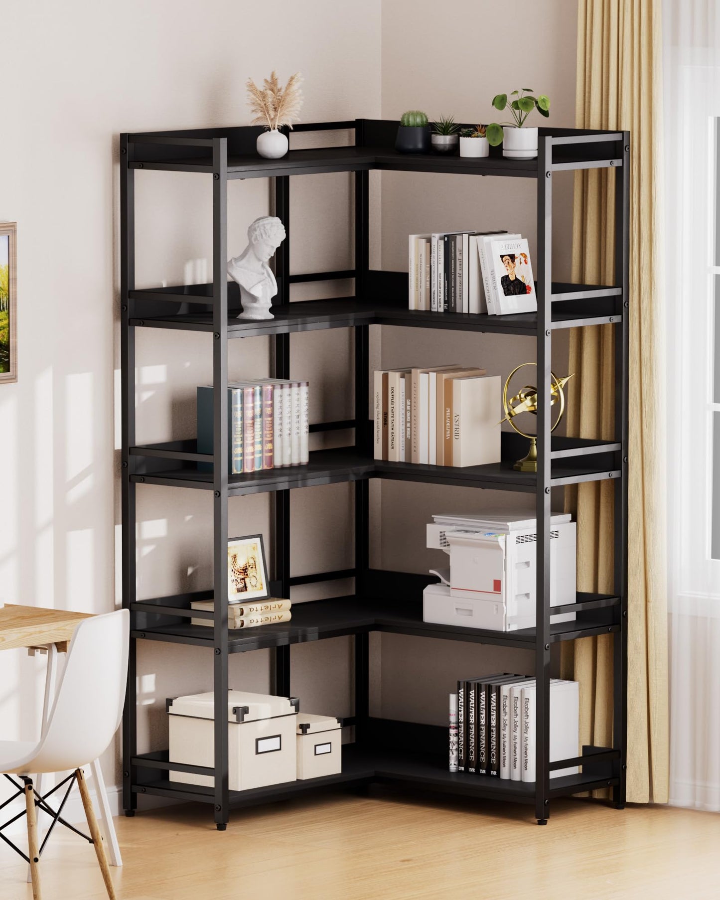 Large 5-Tier Corner Bookshelf - Modern Tall Corner Shelf Storage Display Rack with Sturdy Metal Frame - Perfect for Living Room, Home Office, Books and Decor Display