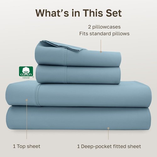 California Design Den Full Size Bed Sheet Set - 100% Cotton, 400 Thread Count, Silky Smooth Sateen, Deep Pockets - Sky Blue