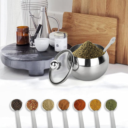 asika Stainless Steel Sugar Bowl with Clear Lid and Spoon, Drum Shape Small Condiment Container for Home, 8.1 Ounces