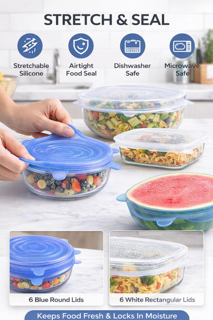 IZEM Premium Reusable Silicone Stretch Lids Set – 12 Pack (6 Round Blue + 6 Rectangle White) BPA-Free, Airtight & Leakproof Bowl Covers + 500ml Silicone Bag, Funnel & Brush