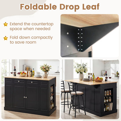 Giantex Kitchen Island with Storage & Drop Leaf, 48" Stationary Island Table with Rubber Wood Top, 2 Drawers, Cabinet, Adjustable Shelf, Butcher Block Island for Living Dining Room, Bar (Black)