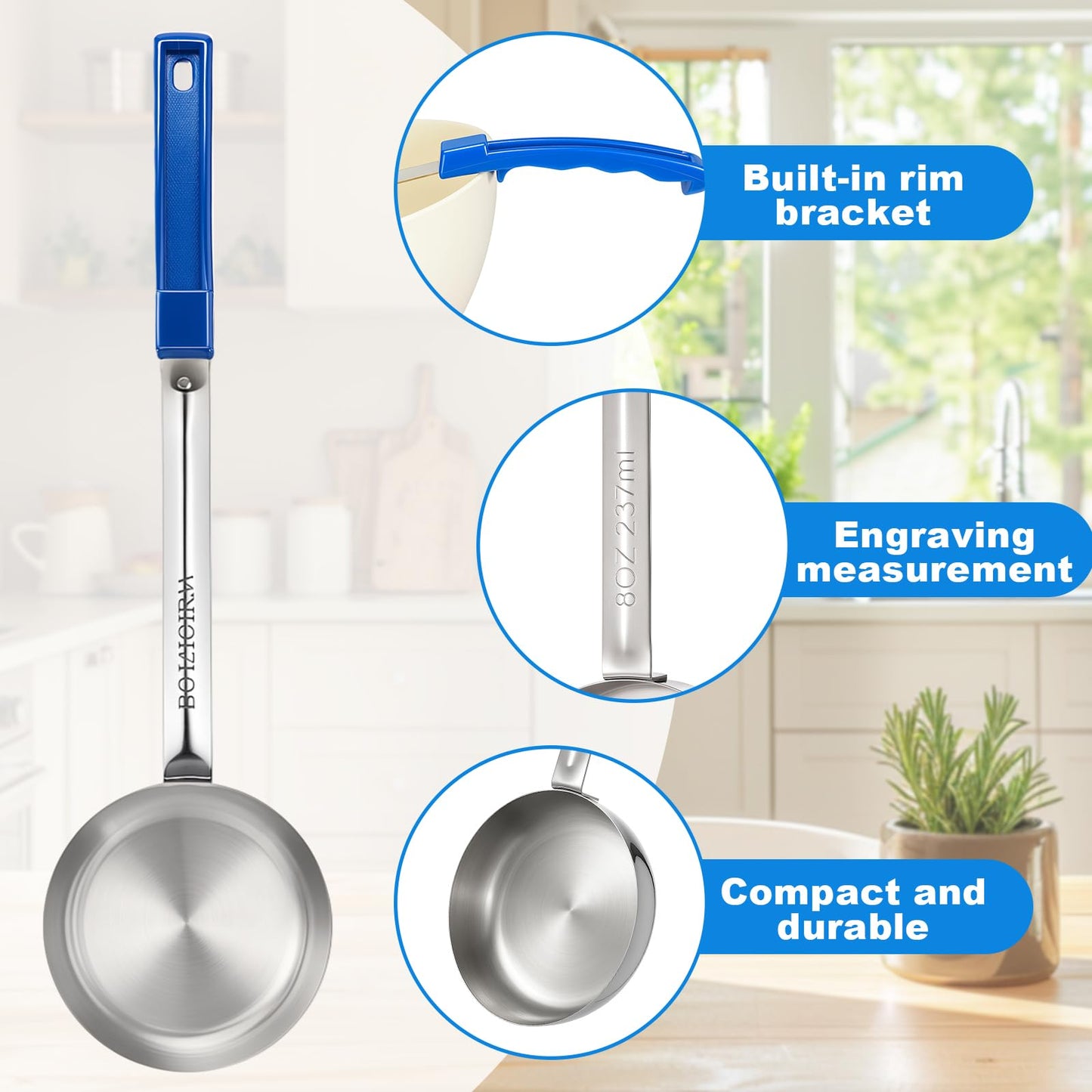 Ferrochef 8 Pcs 8oz Portion Control Serving Spoons Unslotted Portion Scoops for Food with Blue Handle, Stainless Steel Serving Utensils Set for Restaurant/Weight Loss/Baking