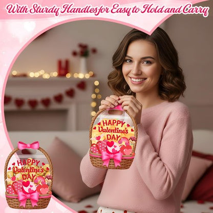 Fuutreo 25 Pcs Valentine's Day Gift Bags Heart Basket Treat Bags with Handles Reusable Plastic Favor Pouches for Holiday Candy Wrapping, Party Goodie Supplies, and Romantic Gift Decor(Pink Heart)