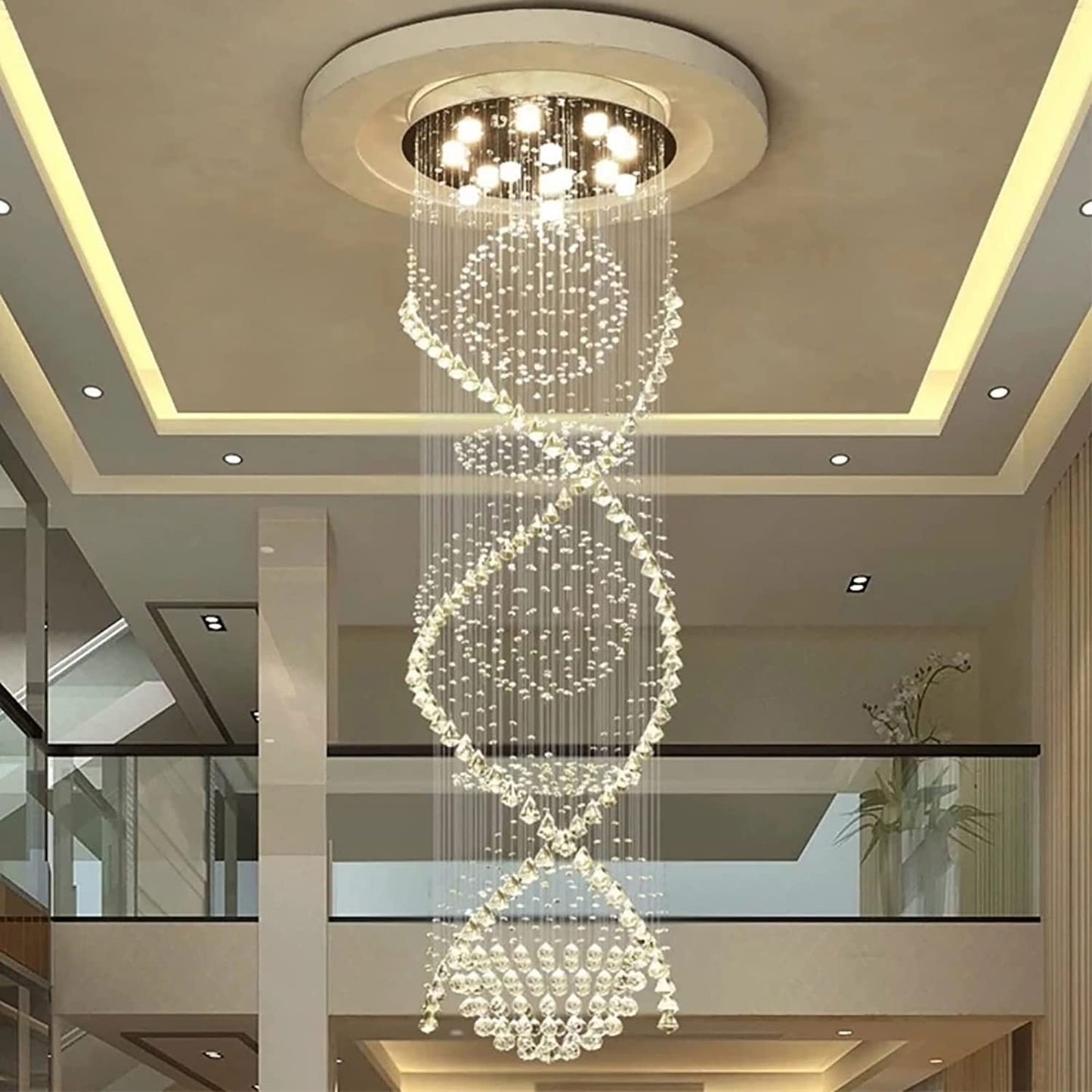 7PM Chandelier for Staircase, Crystal Foyer Chandelier High Ceiling, Modern Raindrop Chandeliers Flush Mount Ceiling Light Fixture for Spiral Staircase, Foyer, Entryway, High Ceiling W25.6 X H 98.4"