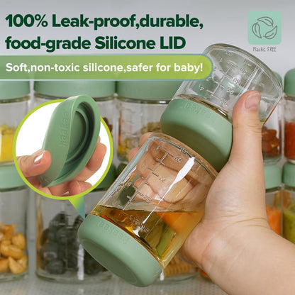 haakaa Baby Food Storage Containers Set,100% Leak-Proof Glass Baby Food Jars with Silicone Lids, Fridge –Freezer & Microwave Safe,4 PCS 7 oz,Pea Green