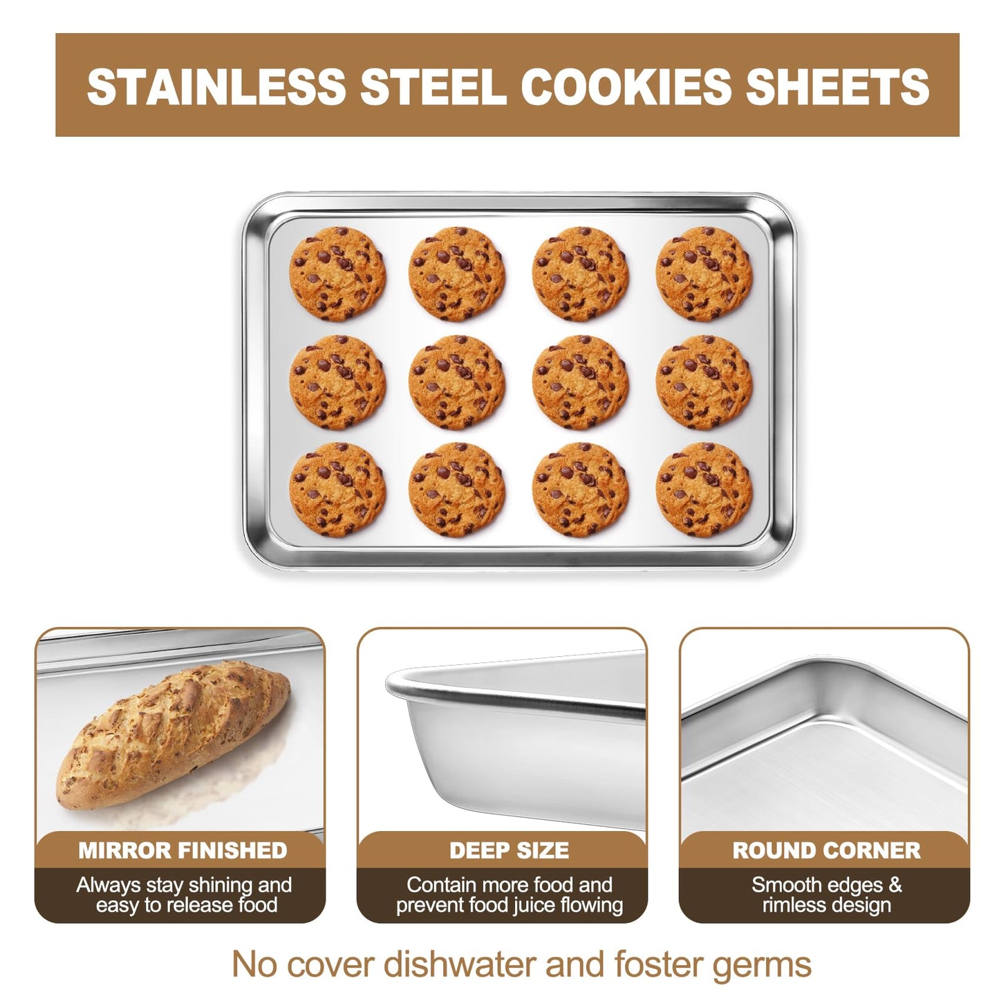 12 Pcs Baking Sheet Set, HKJ Chef Nonstick Stainless Steel Cookie Sheet Baking Pan and Baking Tray for Oven, Size 16 x 12 x 1 Inch, Non Toxic & Easy Clean & Heavy Duty