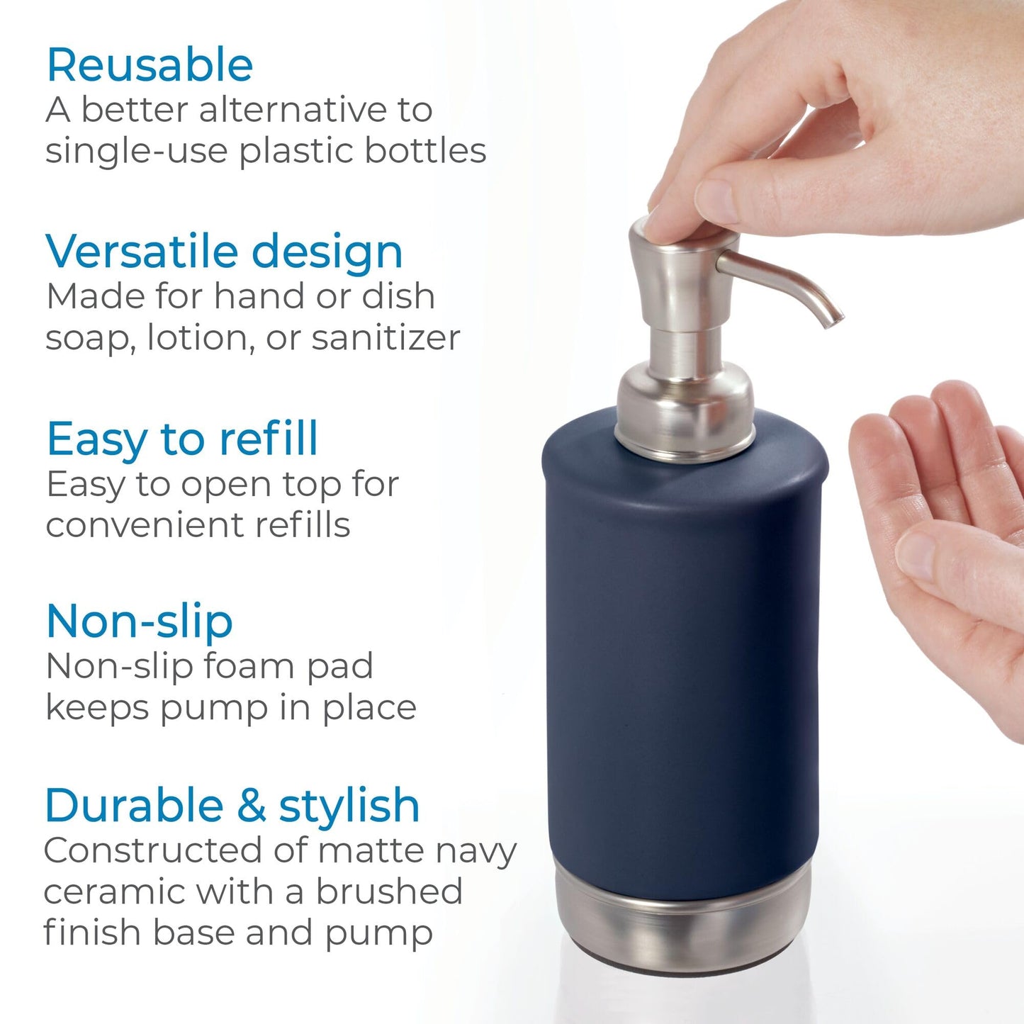 iDesign Hand Soap Dispenser for Bathroom or Kitchen - Refillable Soap Pump Bottle - Navy Blue/Brushed Nickel