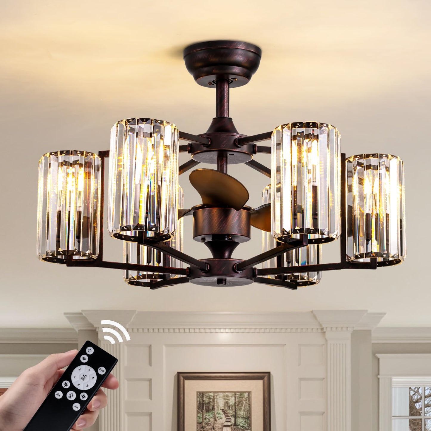 MOOONICHE 27" Crystal Chandelier Ceiling Fan 6-Light Vintage Flush Mounted Fandelier Reddish Brown Ceiling Fans with Lights and Remote for Bedroom Dining Living Room Kitchen Farmhouse Entry