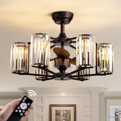 MOOONICHE 27" Crystal Chandelier Ceiling Fan 6-Light Vintage Flush Mounted Fandelier Reddish Brown Ceiling Fans with Lights and Remote for Bedroom Dining Living Room Kitchen Farmhouse Entry