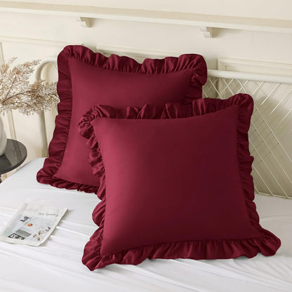 18x18 Inches, Set 2, KKJIAF Ruffle Pillow Cases Burgundy Square Ruffled Pillow Covers of Microfiber Wrinkle Resistant
