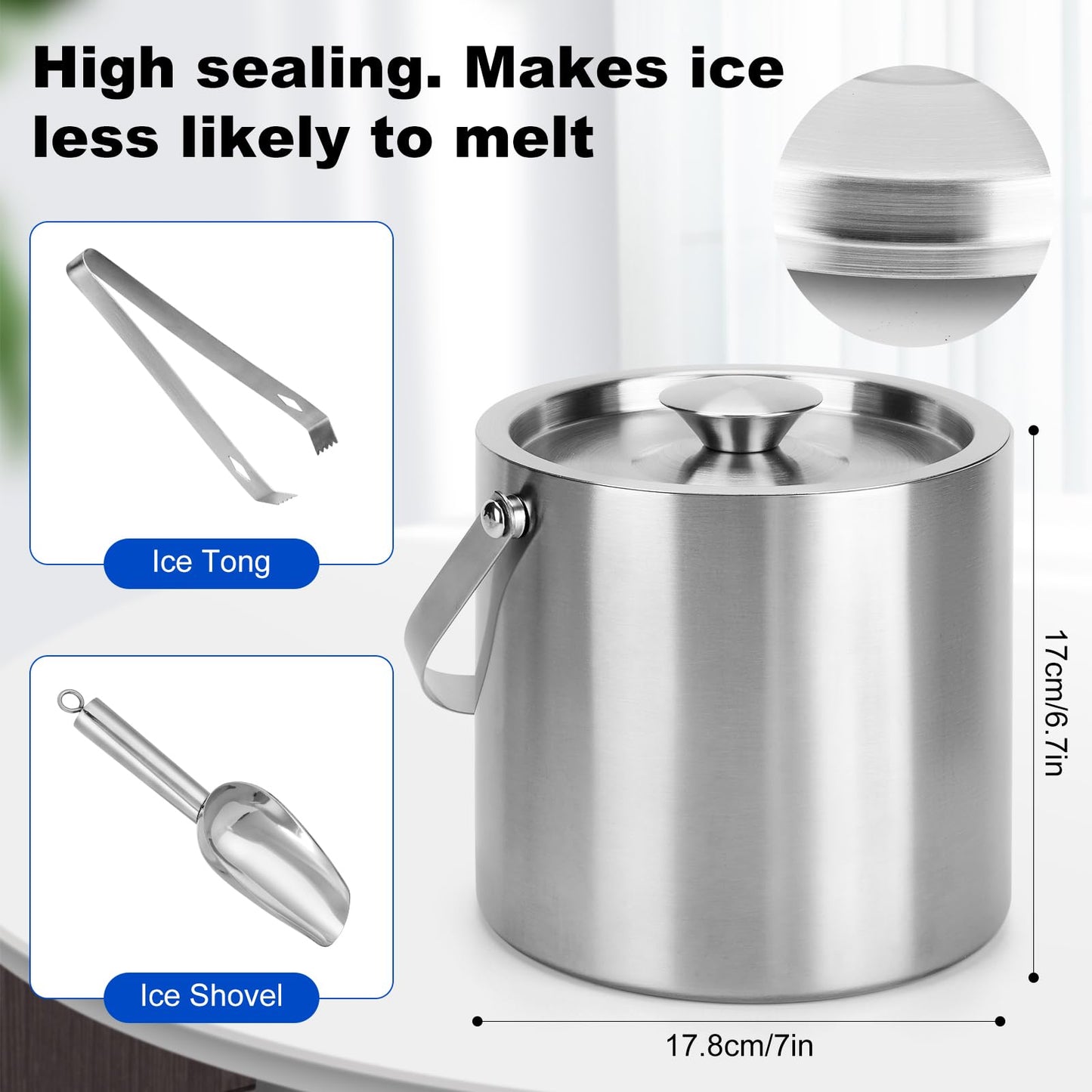 Yeatruojeet Ice Bucket, 3L Double Wall Insulated Ice Bucket with Lid,Scoop,Tongs- Inner Layer 304 Stainless Steel Ice Container Keep Ice Frozen Longer- Ideal for Cocktail Bar,Parties,Chilling Beer Win