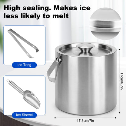 Yeatruojeet Ice Bucket, 3L Double Wall Insulated Ice Bucket with Lid,Scoop,Tongs- Inner Layer 304 Stainless Steel Ice Container Keep Ice Frozen Longer- Ideal for Cocktail Bar,Parties,Chilling Beer Win