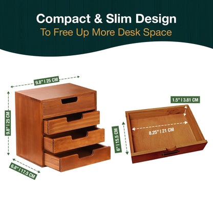 4 Drawer Desktop Storage Organizer in Modern Wood Design (9.8”x6.9”x 9.8”) 4-Drawer Stackable Drawer Unit - Vanity Accessories Organizer (1-Pack)