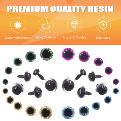 Rustark 160 Sets Glitter Plastic Safety Eyes Stuffed Crochet Eyes Craft Doll Eyes Kit with Washers for DIY Crafts Projects 12 14 16 18 20mm Yellow Green Light Purple Blue