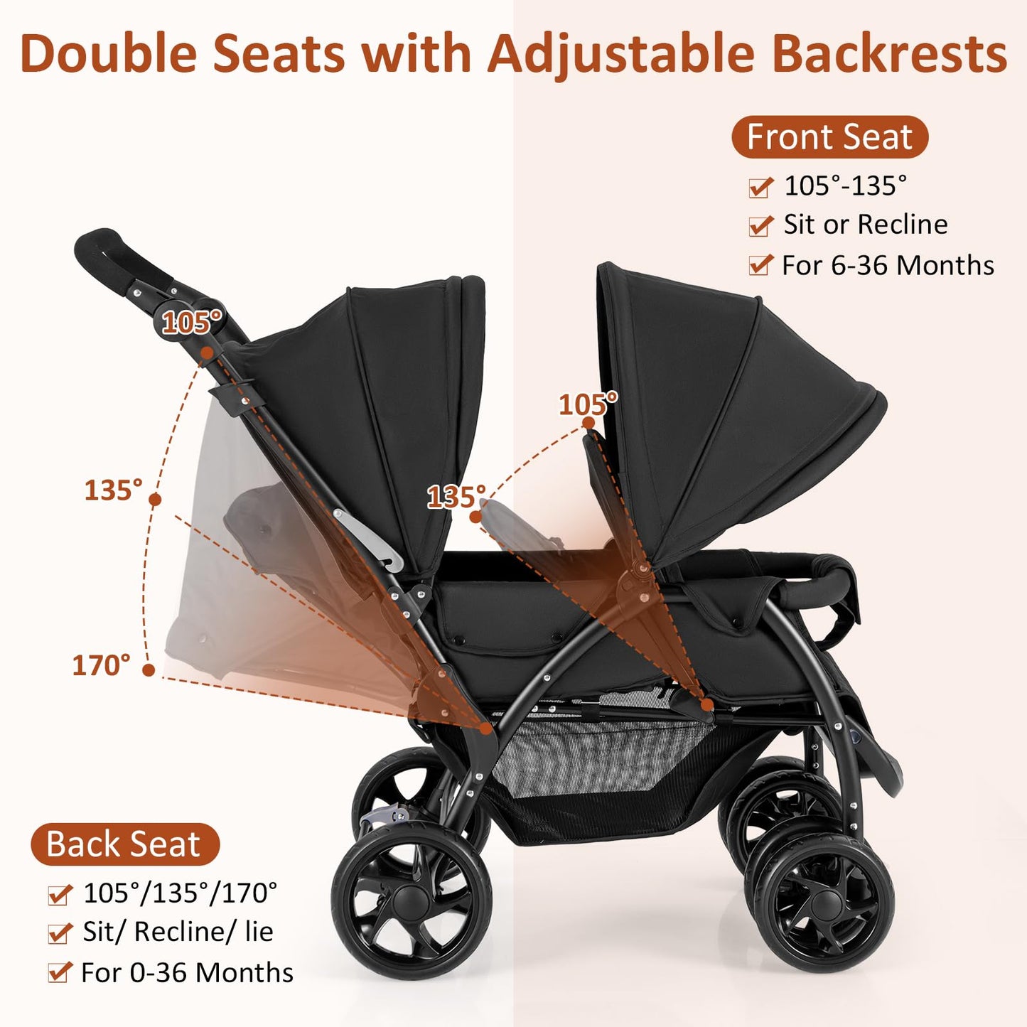 GLACER Foldable Twin Stroller, Double Baby Stroller w/Multi-Level Backrest, Canopy, Handle & Footrest, Safety Belt & Brake System, Travel Tandem Seating Stroller w/Lockable Wheels (Black)
