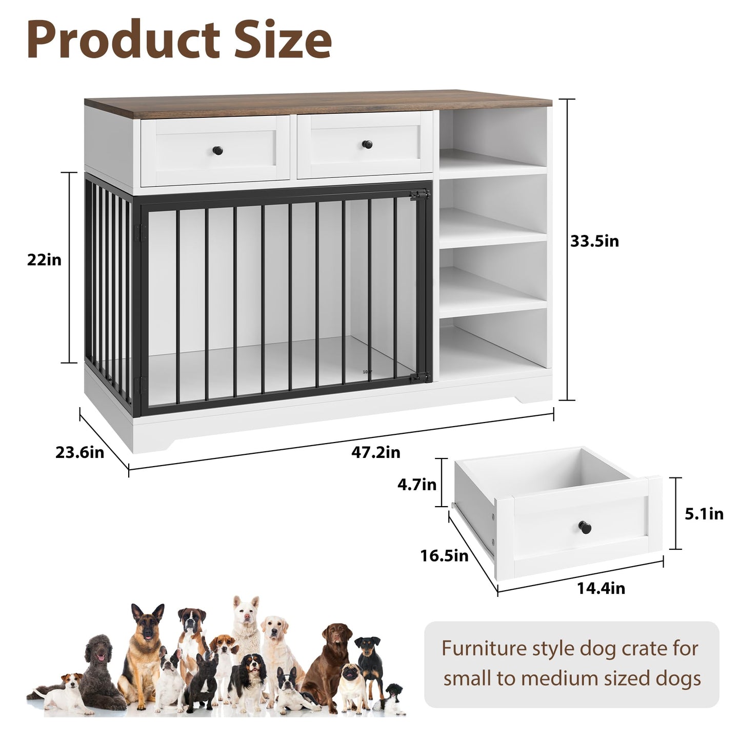 GarveeHome Dog Crate Furniture 47", Large Dog Crate TV Stand with 2 Drawers and 4 Shelves, Wooden Dog Kennel Indoor, Decorative Dog Cage with Storage for Large Dogs, White