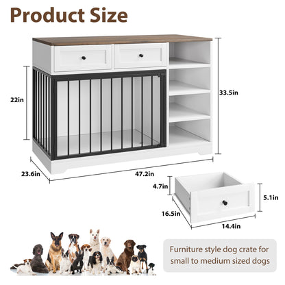 GarveeHome Dog Crate Furniture 47", Large Dog Crate TV Stand with 2 Drawers and 4 Shelves, Wooden Dog Kennel Indoor, Decorative Dog Cage with Storage for Large Dogs, White