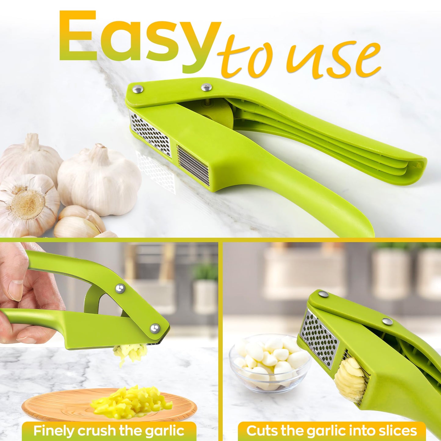2 in 1 Garlic Slicer and Garlic Press - Multipurpose Garlic Press and Slicer, Stainless Steel and Durable Plastic, 7.6 x 1.7 x 2.5", Easy to Use and Clean, Good for Home and Commercial Use
