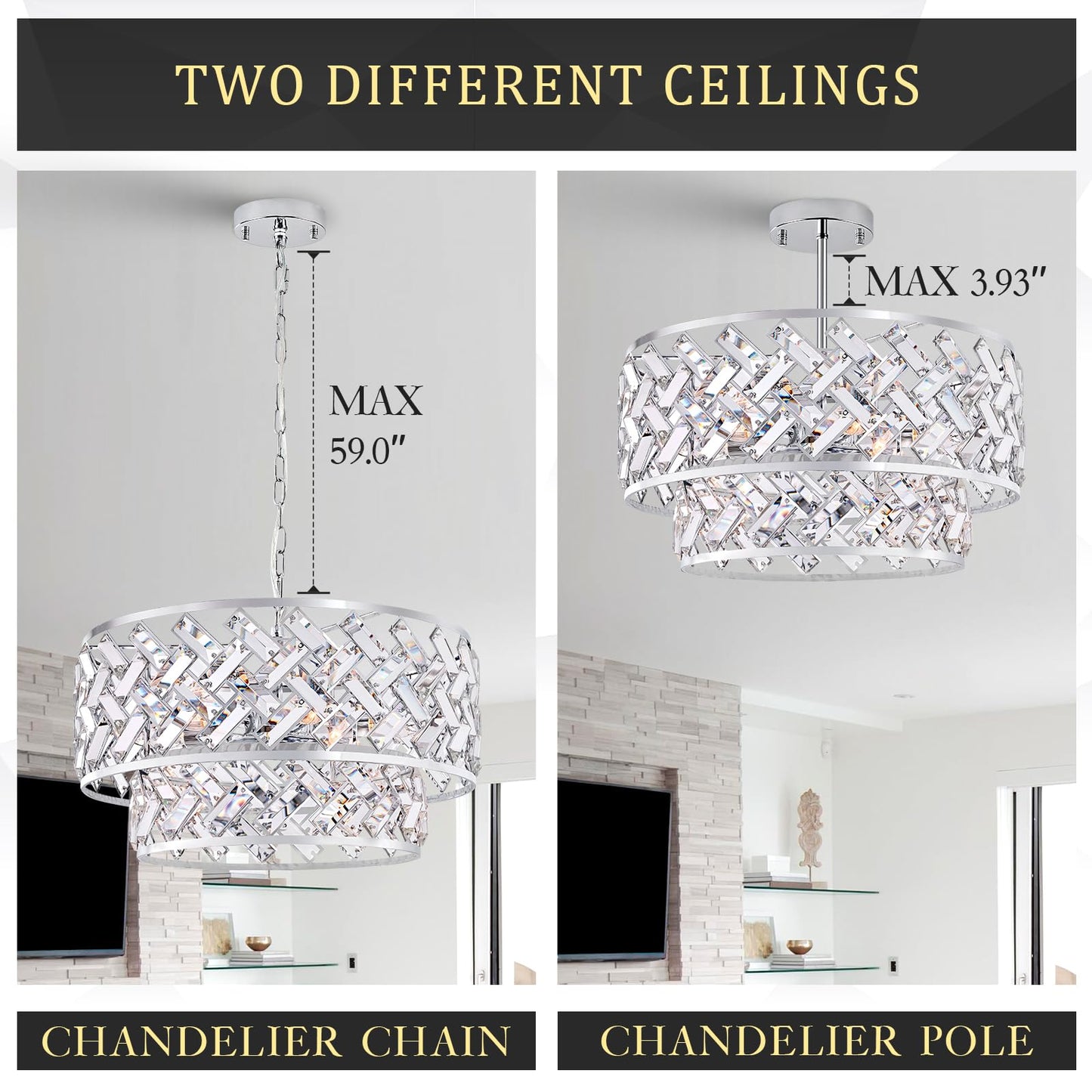 20'' Modern 6-Light Chrome Crystal Pendant Chandelier, Luxury Round Semi Flush Mount Ceiling Light for Living Room, Dining Room, Kitchen, Foyer, Bedroom
