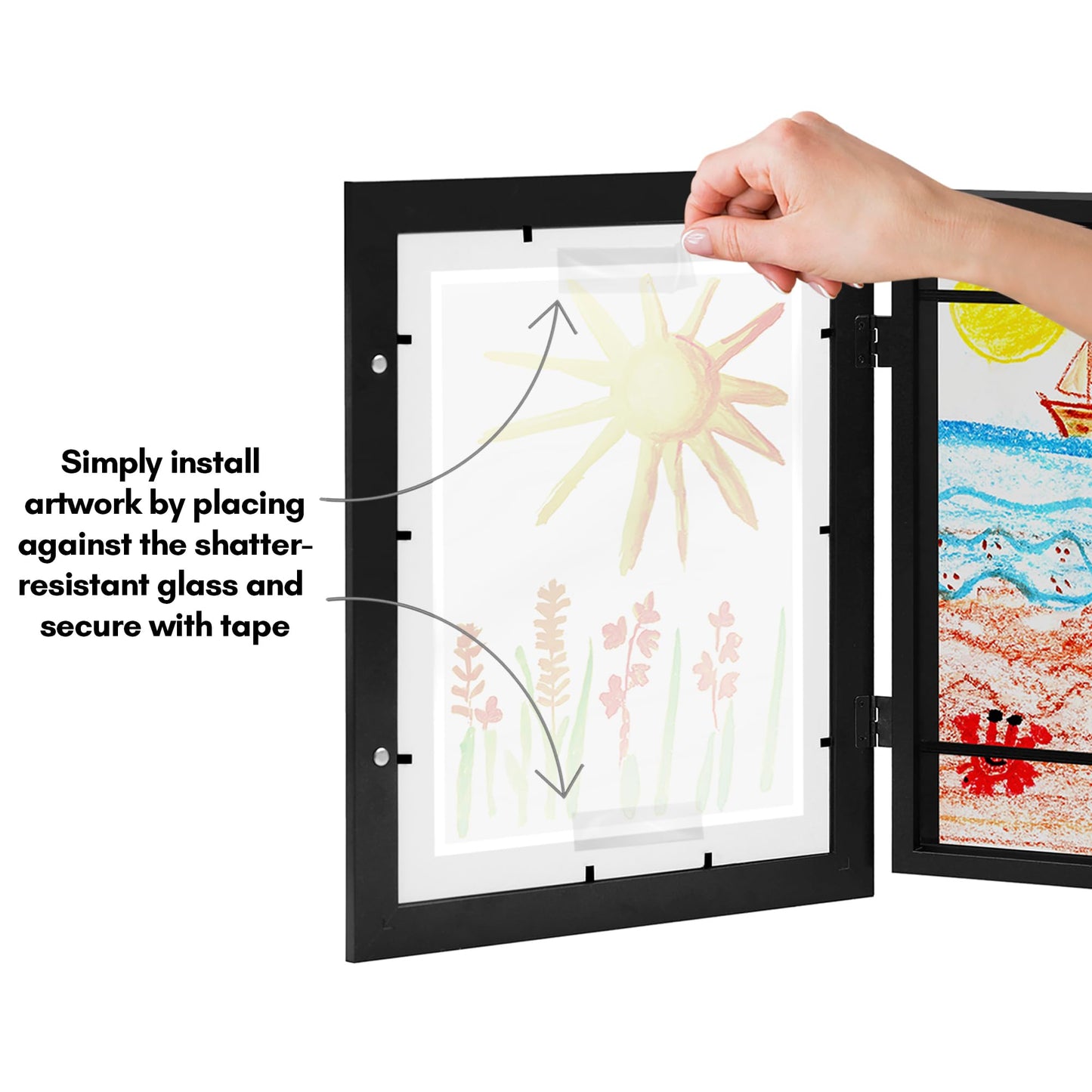 Americanflat Kids Artwork Frame Changeable (Black) - Magnetic Door Holds 100 Art Pieces - 8.5x11 Letter Size Display with Mat or 10x12.5 Without Mat - My Mini Masterpiece