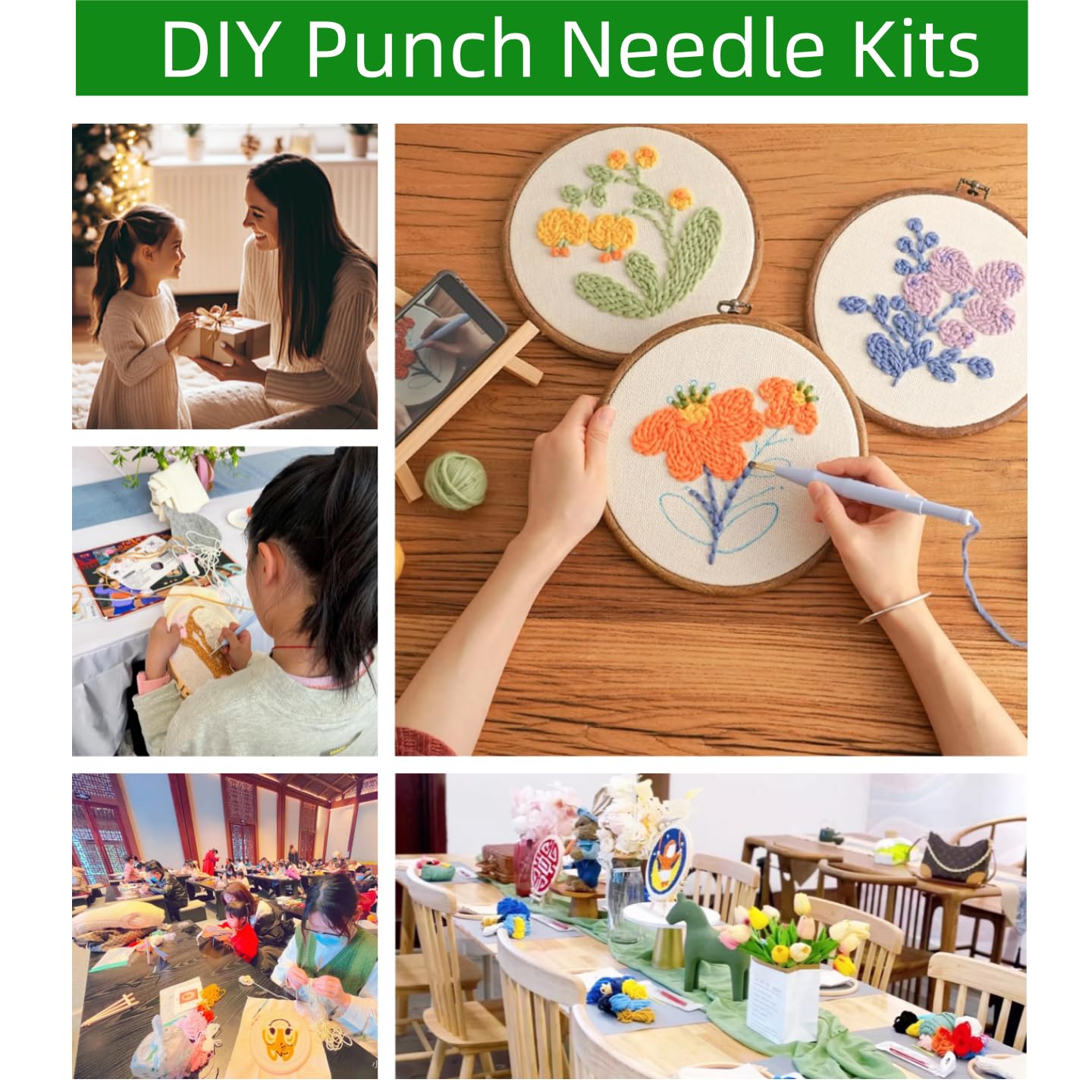 DIY Punch Needle Kits for Beginners Penguins Family with Snow Mountain with Hoop Punch Needle Starter Craft Embroidery Set Easy for Adults and Children Festival Gift and Decoration 20x20cm-1