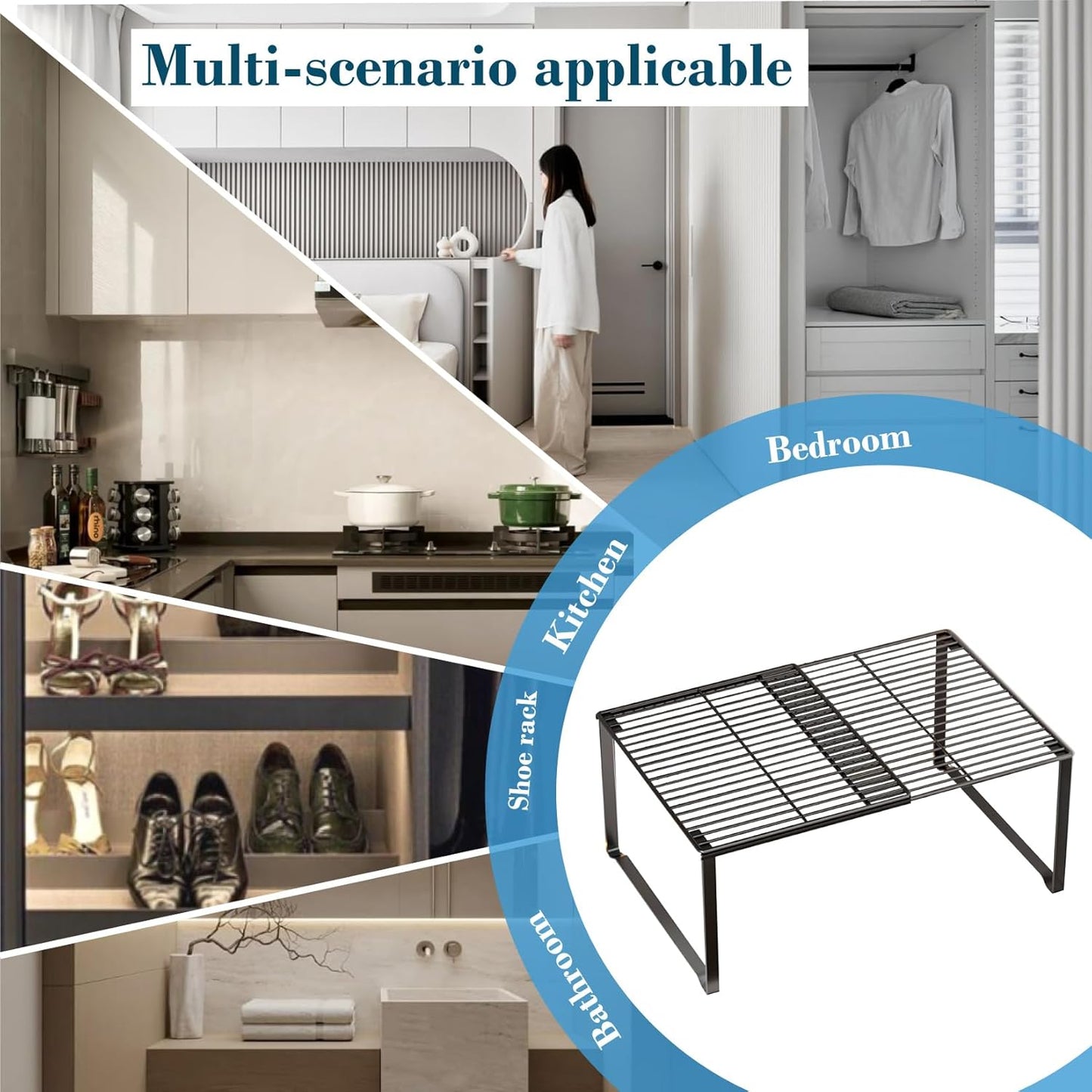 15-24.4in Closet (1,Black) Extendable Metal Wire Shelf Organizer - Adjustable Length, Stackable Storage Rack