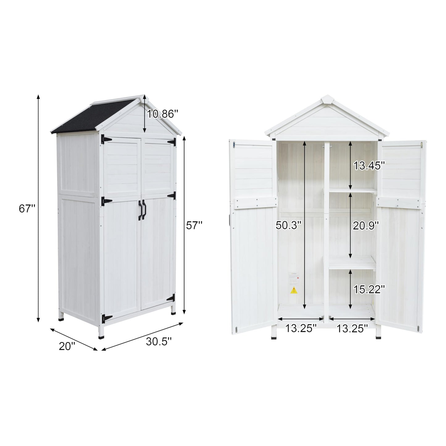 Christopher Knight Home Neapo 67" Outdoor Storage Shed, Spacious Storage Garden Tools Shed, Fire Wood Tall Sheds, Two Open Doors, Wooden Panel Design, Easy Organize Lawn Mowers, Shovels, Pots, White