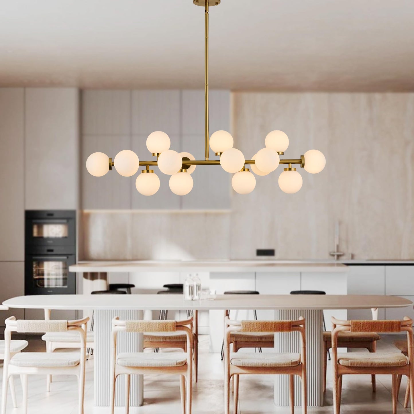 XILICON Linear Chandeliers Modern Brushed Brass Chandeliers for Dining Room 16-Lights and White Glass Pendant Lighting Mid Century Globe Dining Light Fixture for Living Room Kitchen