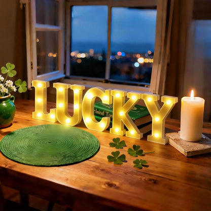 5 PCS Lucky Marquee Light Up Letters St Patricks Day Lucky LED Letter Number Light Sign Centerpieces for Home Table Decor St. Patrick's Day Decoration Saint Patty's Party Night Lamp Banquet Props