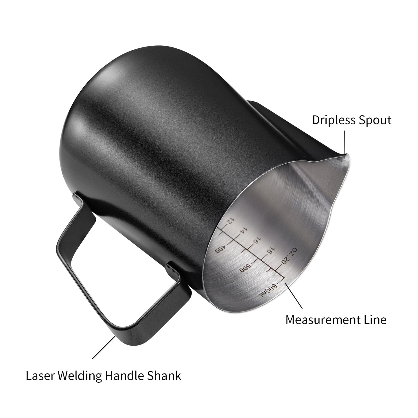 2 Pack Matte Black Milk Frothing Pitcher, 12oz/350ml & 20oz/600ml Espresso Steaming Pitcher, Stainless Steel Milk Frother Steamer Cup, Perfect for Espresso Coffee Cappuccino Latte Art