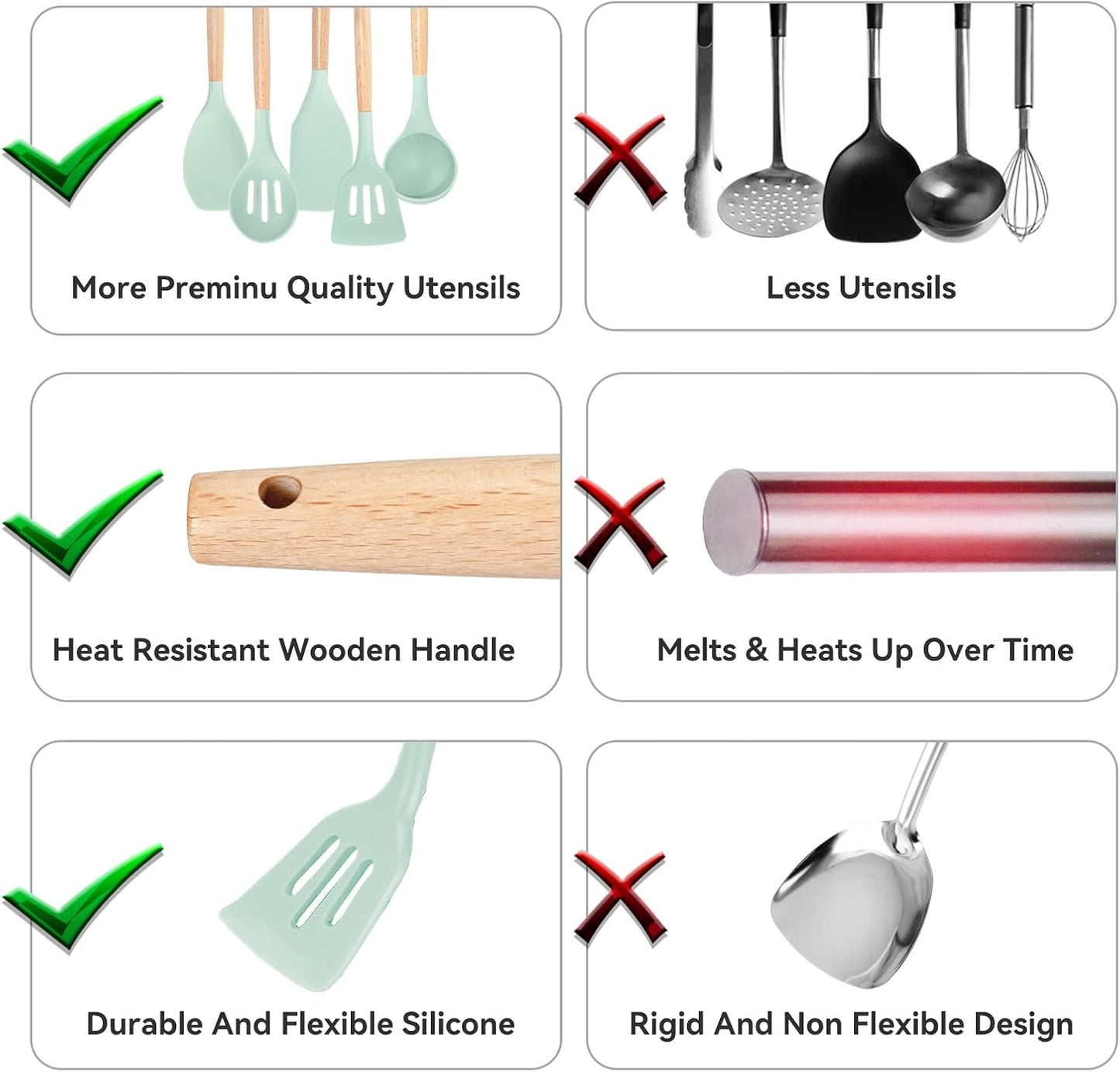 Kitchen Utensils Set, 5 Pcs Non-Stick Silicone Cooking Utensils with Wooden Handle, Heat Resistant Gadgets (Light Green)