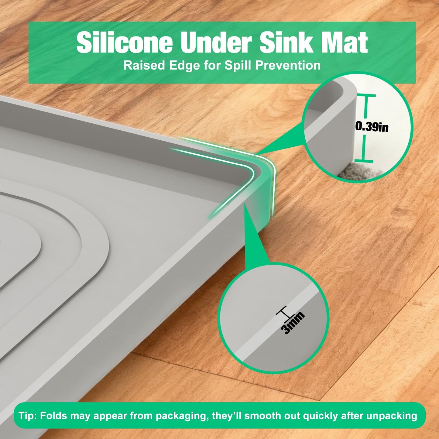 Aisslro Under Sink Mat 22" X 19", Waterproof Silicone Cabinet Organizer Protector with Raised Edge, Kitchen & Bathroom Leak Tray, Shelf Liner & Pet Feeding Mat for Dog Cat Food Mats, Gray