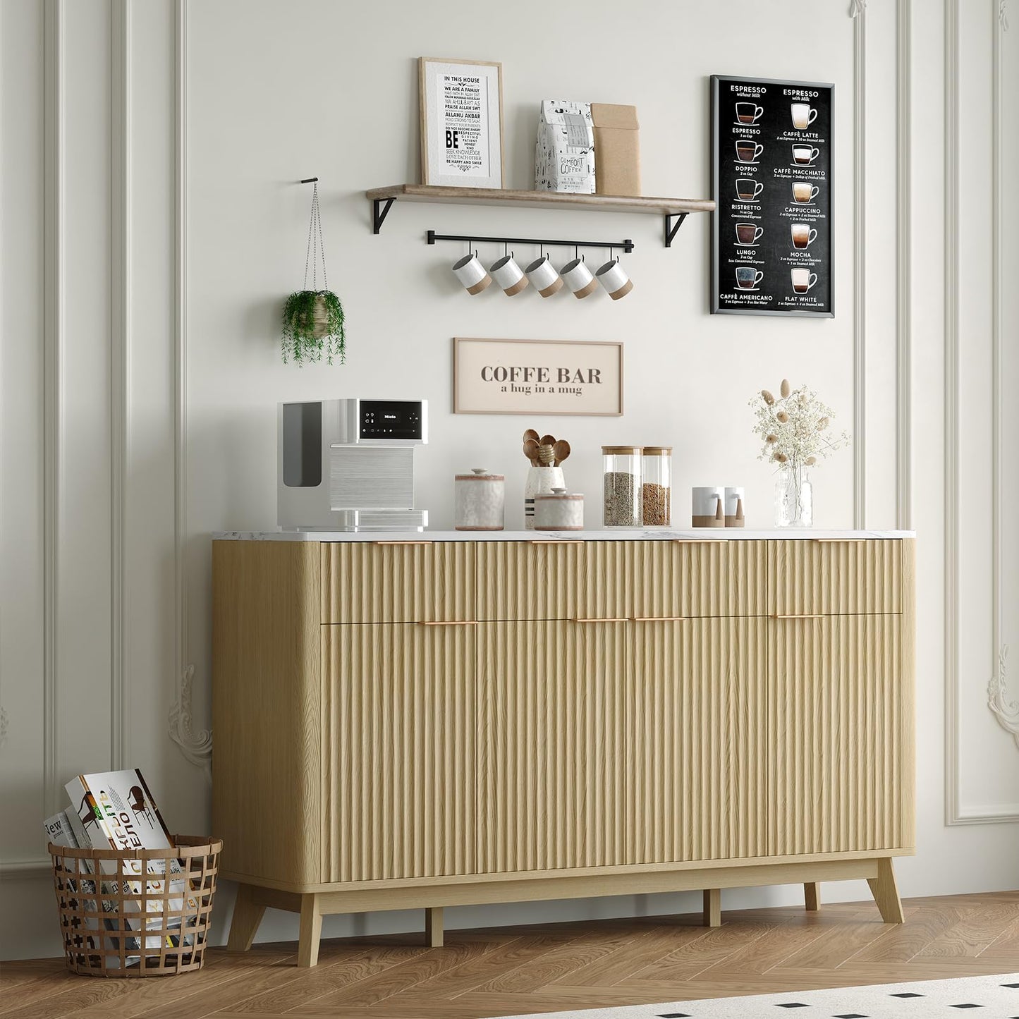 IDEALHOUSE 60" Large Farmhouse Sideboard Buffet Cabinet with Storage Drawers & Adjustable Shelves, Wood Fluted Buffet Storage Cabinet & Coffee Bar Console Table for Living Room & Kitchen Dining Room