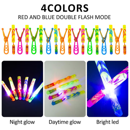 Bloolilies 50 Pcs LED Slingshot Flying Toys for Kids with 25Pcs Slingshots+25Pcs Glow Helicopters Glow in The Dark Rocket Launcher Outdoor Light Up Toys Birthday Gift Party Favors for kids 4-8 8-12