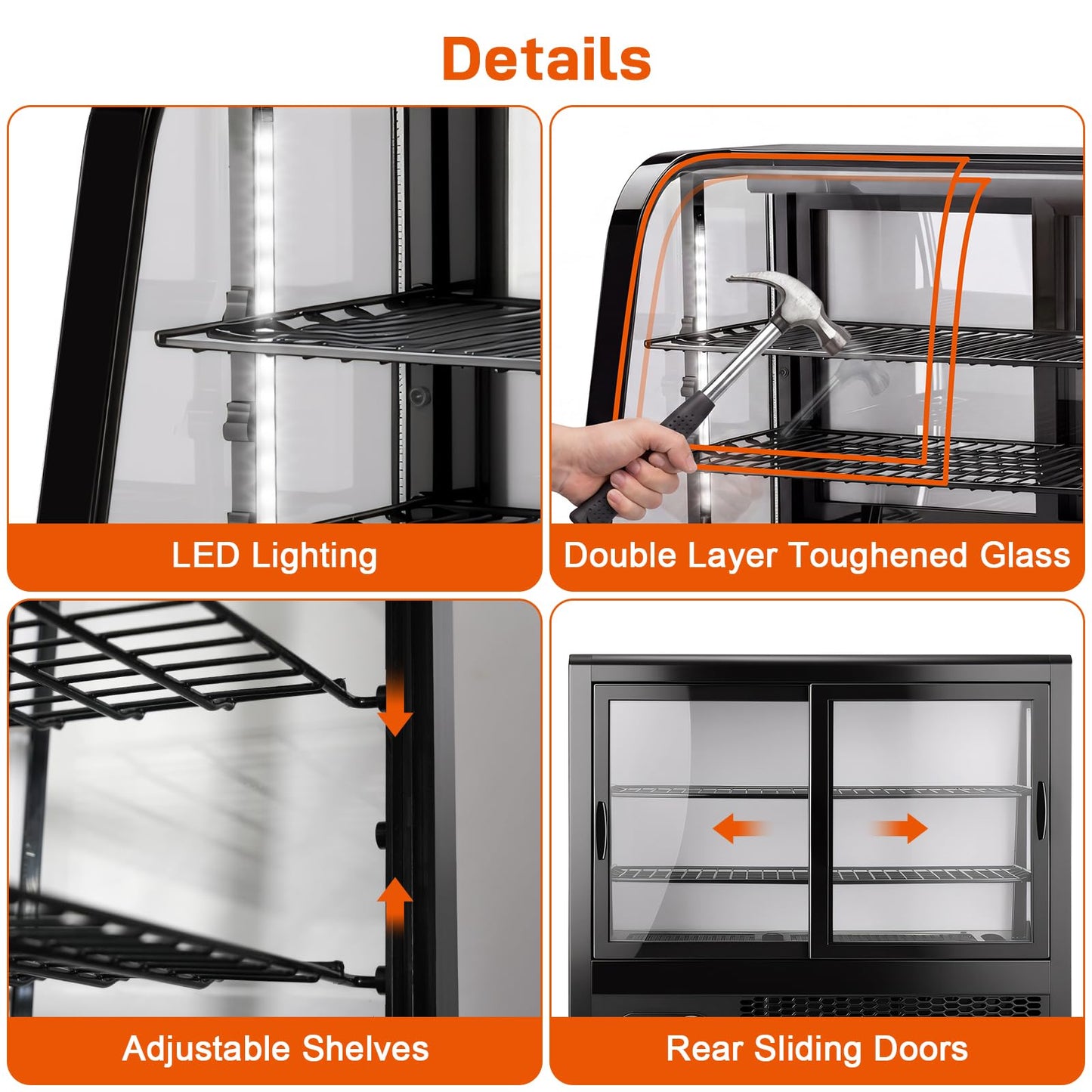 Commercial Cake Display Refrigerator, 100L Countertop Curved Glass Cooler with LED Light, Digital Thermostat, Frost-Free Pastry Showcase, Tempered Glass & Rear Sliding Doors for Bakery/Cafe/Home
