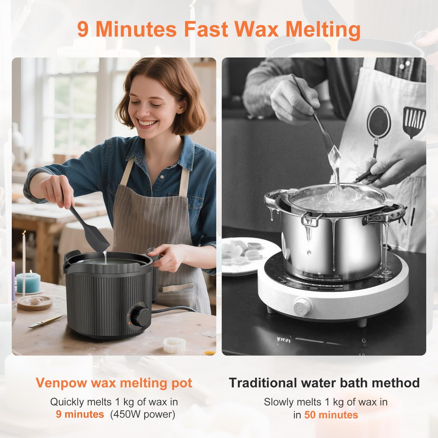venpow Candle Wax Melter with Pour Spout, Candle Making Kit for Adult Beginners, 1.5L Large Capacity, for Making Candles and Soaps, Kit Includes Wax Melting Pot and Stirring Spoon - Black