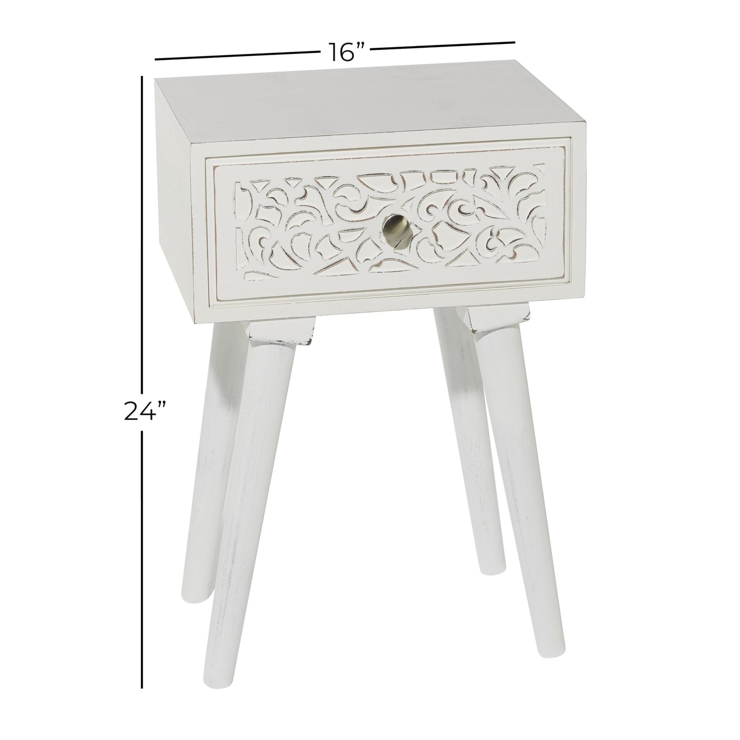 Deco 79 Mango Wood Scroll Side End Accent Table Intricately Carved Single Drawer End Table, Side Table 16" x 13" x 24", White