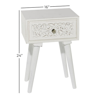 Deco 79 Mango Wood Scroll Side End Accent Table Intricately Carved Single Drawer End Table, Side Table 16" x 13" x 24", White