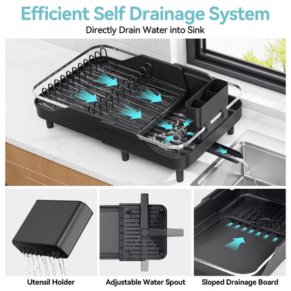 Urackify Expandable Dish Rack for Kitchen Counter,16.14"-23.62" Large Stainless Steel Dish Drying Rack with Adjustable Water Spout, Space Saving Dish Drainer with Auto Draining Cutlery Holder,Black