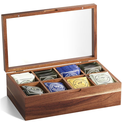 Danfoxer Acacia Wood Tea Bag Organizers, Tea and Sugar Packet Storage Chest,Wooden Teabag Holder Containers,Teabox Storage Box with 8 Compartments and Clear Acrylic Top Window
