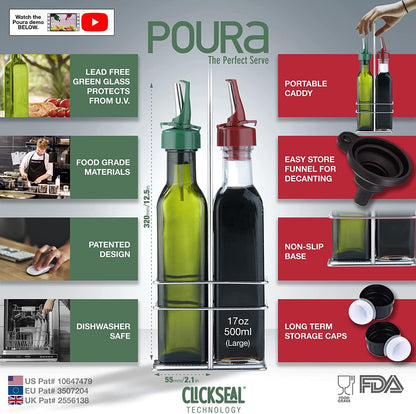 Poura Vinegar and Olive Oil Bottle Drizzler Set with ClickSeal BPA Free Pour Spouts | Glass Oil & Vinegar Dispenser Bottles for Cooking & Dining | Hygienic Covers + Silicone Decanter Funnel 500ml
